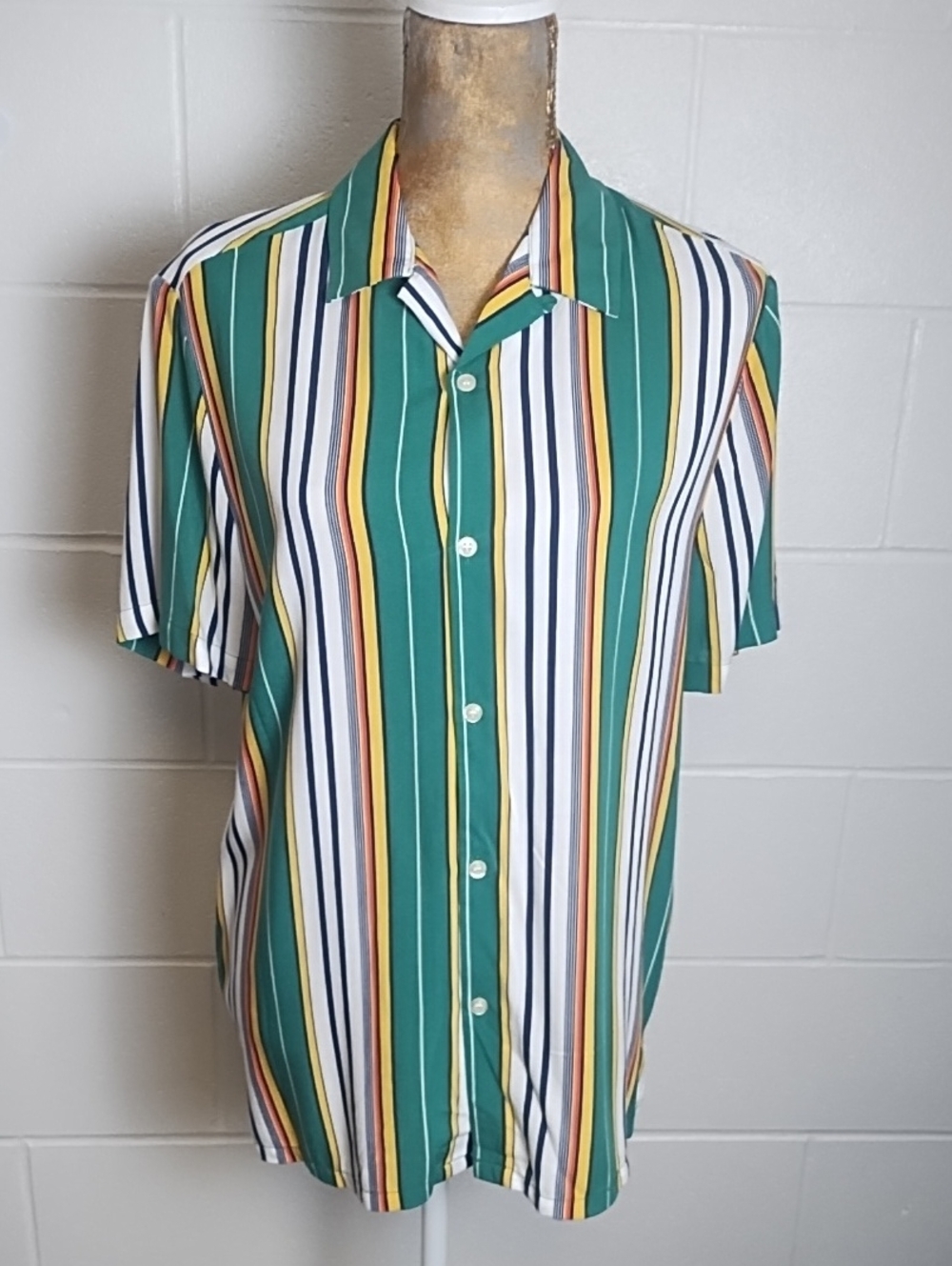Topman Green Vertical Stripe Camp Collar Short Sleeve Resort Festival Small